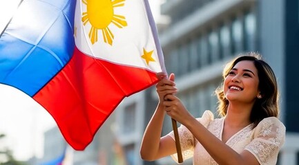 Filipino woman waves flag with pride on Independence Day celebration video