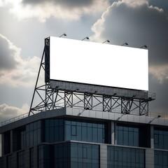 Blank Billboard Mockup on Building Rooftop Against Cloudy Sky