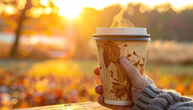Hand holding a steaming cup of coffee outdoors during a vibrant autumn sunset with golden light filtering through the trees illuminating colorful fall foliage