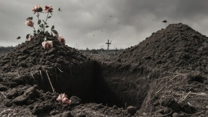 Empty grave with flowers