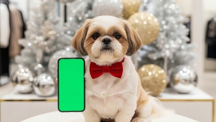 Festive Shih Tzu with a Red Bow Tie Holding a Green Screen Smartphone Near Christmas Ornaments