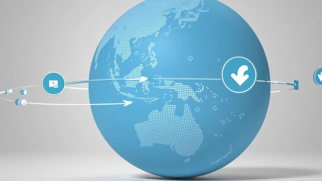 Blue globe graphic with icons and arrows representing global connections