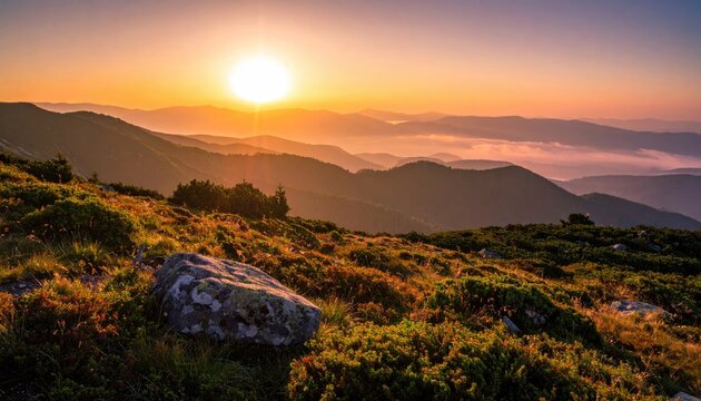 A beautiful sunrise illuminates a mountain range with golden light, creating a serene and majestic landscape.