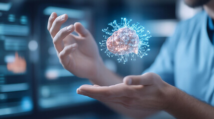 A person holds a holographic brain in a futuristic setting.