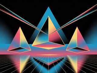 Abstract geometric prisms with neon light reflections and grids