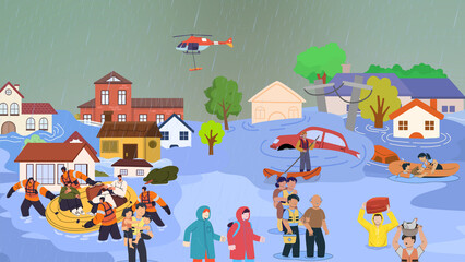 Obraz premium Cartoon illustration of natural disaster flood, evacuation of flood victims.
