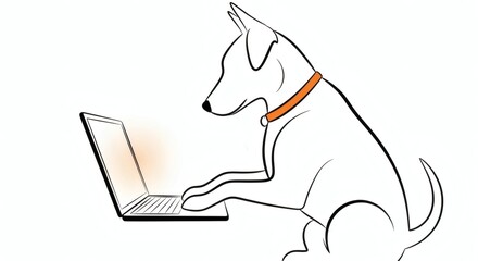 Illustration of a dog wearing a collar typing on a laptop with a glowing screen