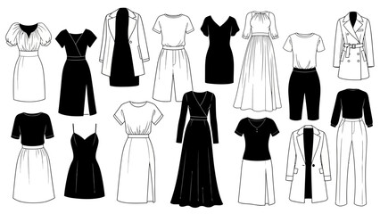 Fototapeta premium Set of vector fashion illustrations showcasing diverse collection of women's clothing including dresses jumpsuits tops skirts and jackets in black and white technical sketches