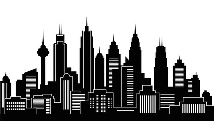 Obraz premium Striking black and white cityscape silhouette featuring modern skyscrapers tall buildings and urban skyline architectural landmark view
