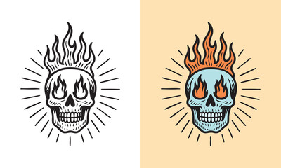 Flaming skull with radiant line details.