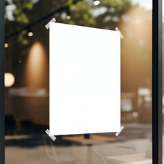Empty white poster mockup taped onto a clean glass window, providing a versatile advertising space for business promotions, announcements, or creative graphic displays in a store