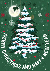 Snowy Christmas Tree Under Moonlit Festive Sky