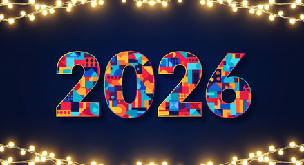 Colorful 2026 typography with decorative lights