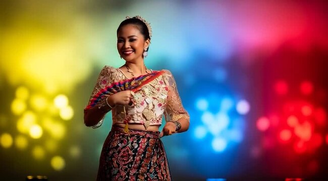 Vibrant Filipino woman celebrates Sinulog festival with colorful fan dance