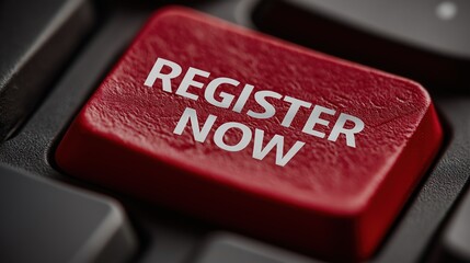 Red Register Now Key Macro Closeup