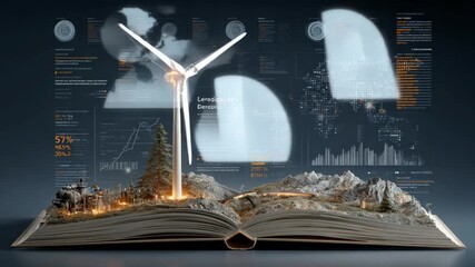 Open book with wind turbine and landscape illustration - Powered by Adobe