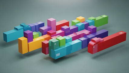 Colorful geometric building blocks arranged in abstract shapes on a gray background
