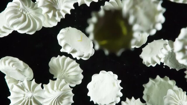Variations in Light Airy Meringue. Set of three videos. Small white sweet cakes flying in the air on a black background