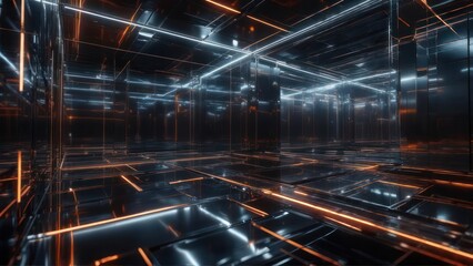 Reflective, grid-like interior space with vibrant orange and blue neon lights illuminating a complex network of mirrored walls and floors creating an endless, futuristic atmosphere
