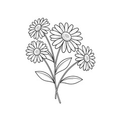 A grayscale illustration of a bouquet of daisies on a black background