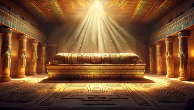 ancient egyptian tomb interior with rays of sunlight old painted luxury sarcophagus in egypt theme of pharaoh antique history mummy grave and culture