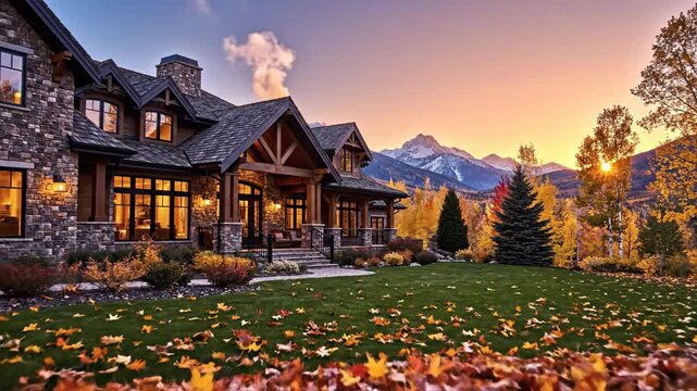 Majestic wood and stone house exterior amidst vibrant autumn foliage and mountain scenery