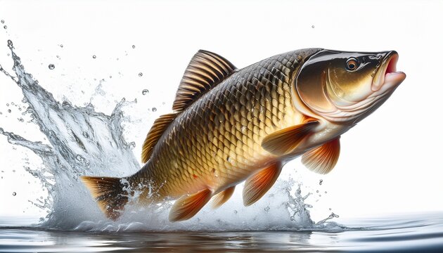 carp fish jumping out of water with splashes isolated on white background