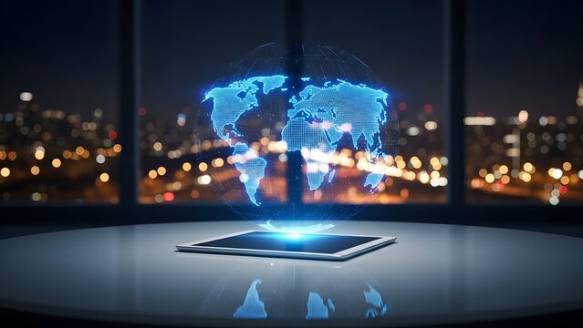 Human body hologram projection from tablet in modern office