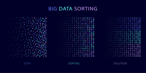 Big data sorting. Information analytics algorithms, machine learning and intelligence data picking vector concept illustration