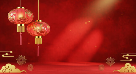 Festive lanterns on red background