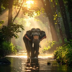 Majestic Elephant Bathing in Jungle River at Sunrise.