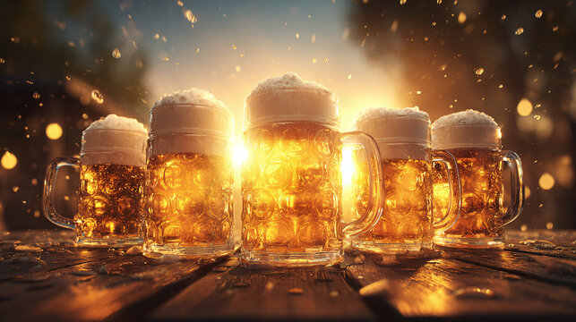 A picturesque close-up of five beer mugs filled with a golden amber liquid, adorned with creamy white foam. The image captures the essence of refreshment and camaraderie