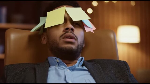 Overworked and tired businessman sleeping in an office chair with his face covered in sticky notes, symbolizing multitasking, burnout, tight deadlines, and the pressure of work related stress