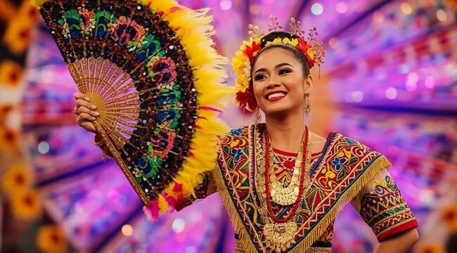 Vibrant Filipino woman celebrates Sinulog festival with colorful fan dance joy