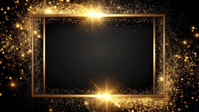 A gold frame amidst sparkling particles and bright light against a black background