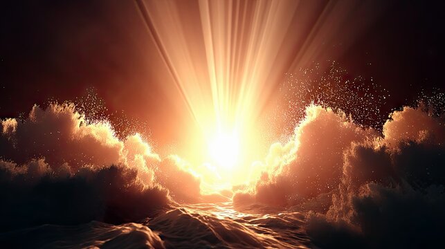 Dramatic image of ocean waves illuminated by bright sunlight and rays, creating a powerful and awe-inspiring scene.