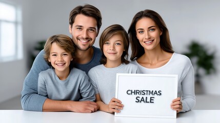 Christmas Baby Products Sale. Family joyfully celebrating Christmas sale with cheerful expressions, holding a sign in a bright, modern interior, showcasing holiday spirit and togetherness