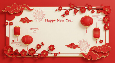 Festive new year greeting with lanterns and floral accents