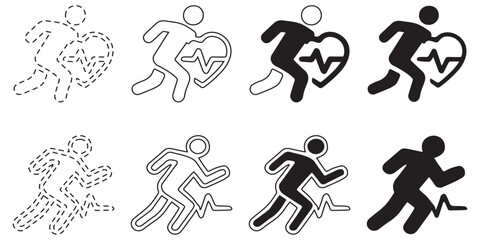 Collection of running man icons with heart and heartbeat symbol, in various styles.