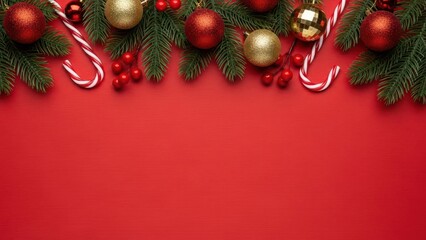 Festive christmas garland border with ornaments and candy canes on a red wood background