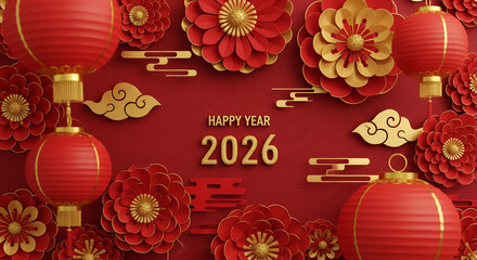 Festive new year greeting with lanterns and floral decorations
