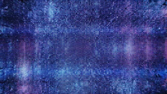 Seamless loop of vibrant purple and blue pixels rapidly fracturing and resolving, creating a technological digital glitch background temporal, broken signal, pixels