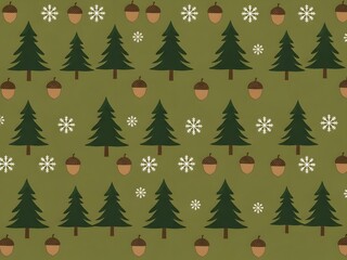 Obraz premium Christmas tree pattern with snowflakes and acorns on a green background