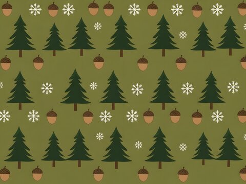 Christmas tree pattern with snowflakes and acorns on a green background - Powered by Adobe