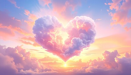 Heart Shaped Cloud Formation at Sunset with Golden Light and Pastel Sky in a Dreamy Atmosphere