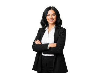 Professional business woman with arms crossed smiling confidently wearing a black suit and white shirt isolated on transparent background