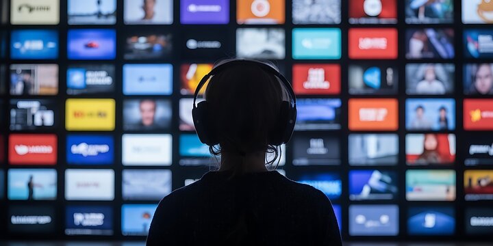 Person wearing headphones facing a wall of screens