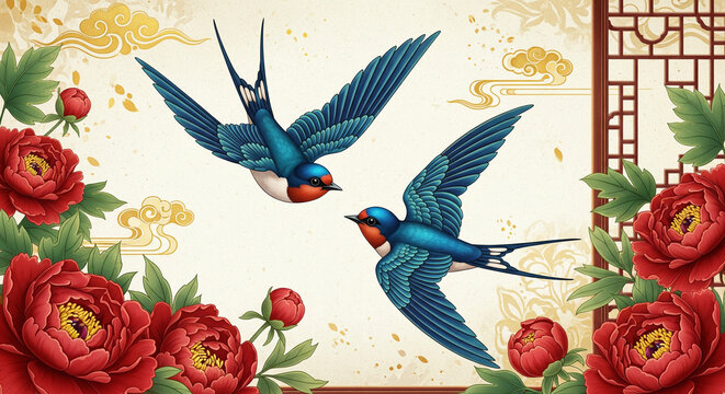 Elegant birds in decorative setting