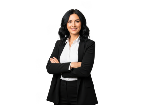 Professional business woman with arms crossed smiling confidently wearing a black suit and white shirt isolated on transparent background