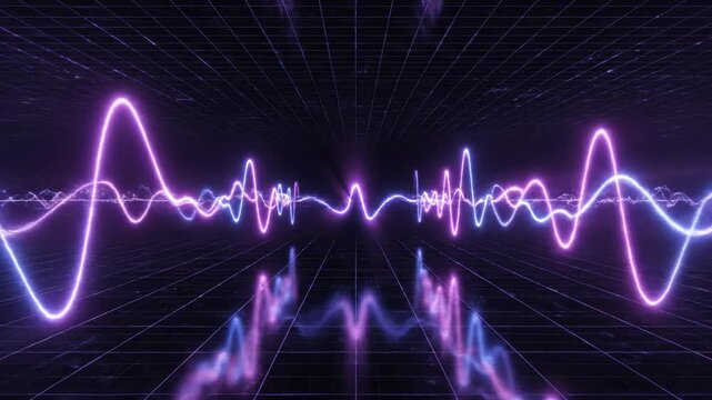 Seamless loop of vibrant purple and blue sinusoidal waves radiating and vibrating across a dark futuristic background deep focus, seamless loop, neon